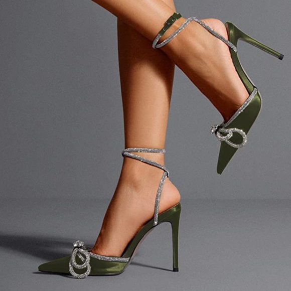FSJ Shoes - FSJ Green Pointy Toe Stiletto Heels Rhinestone Bowknot Ankle Strap Buckle Pump